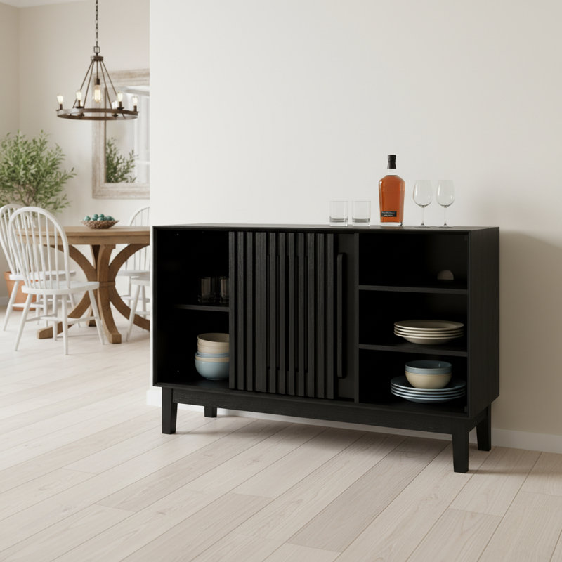47" Sideboard & Media Console - Fluted 2-Door Cabinet w/Solid Wood Feet, Black