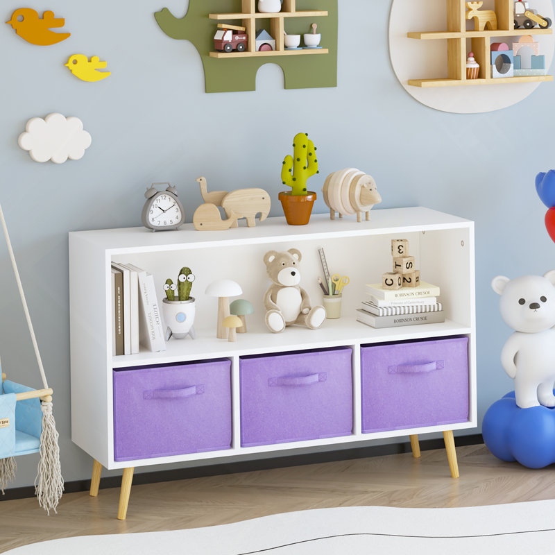Bibliothèque pour enfants avec tiroirs en tissu pliables, présentoir à livres pour enfants, armoire de rangement pour jouets, blanc / mauve