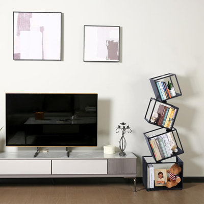 Bookshelf, 4-Tier Bookcase Black, 49'' Tall Black Bookshelf, Industrial Bookshelf
