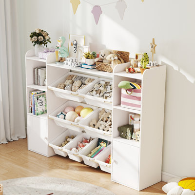 Rangement pour jouets pour enfants avec 8 bacs amovibles, 4 tablettes ouvertes et 2 armoires de rangement