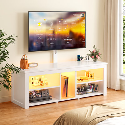 Meuble télé réglable avec support pivotant, éclairage DEL et prises électriques, centre multimédia pour téléviseurs de 32 à 70 pouces, console de jeux avec rangement ouvert