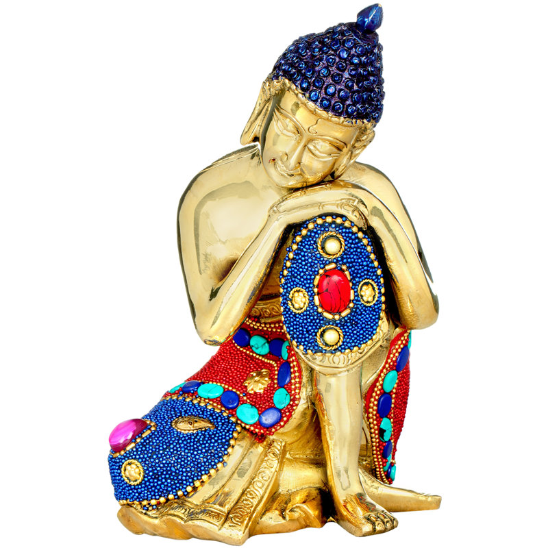 7.5" Thinking Buddha Statue with Colorful Stone Inlay – Handcrafted Brass Zen Deity for Meditation Room & Desk Décor
