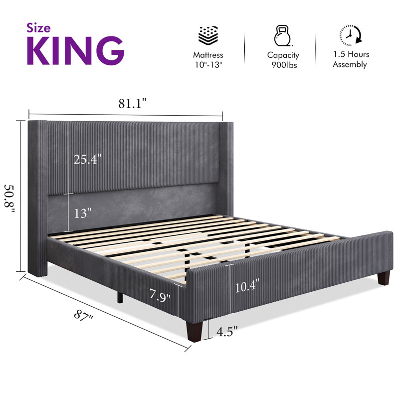Wauseon Corduroy Upholstered Bed, King, Gray Corduroy