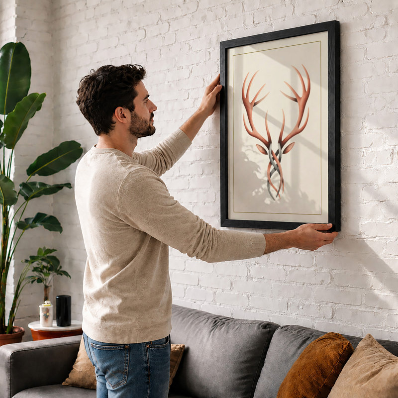 Antlers in Terracotta Botanical - Framed Print, Oak, A4 - 29.7 x 21.0 cm