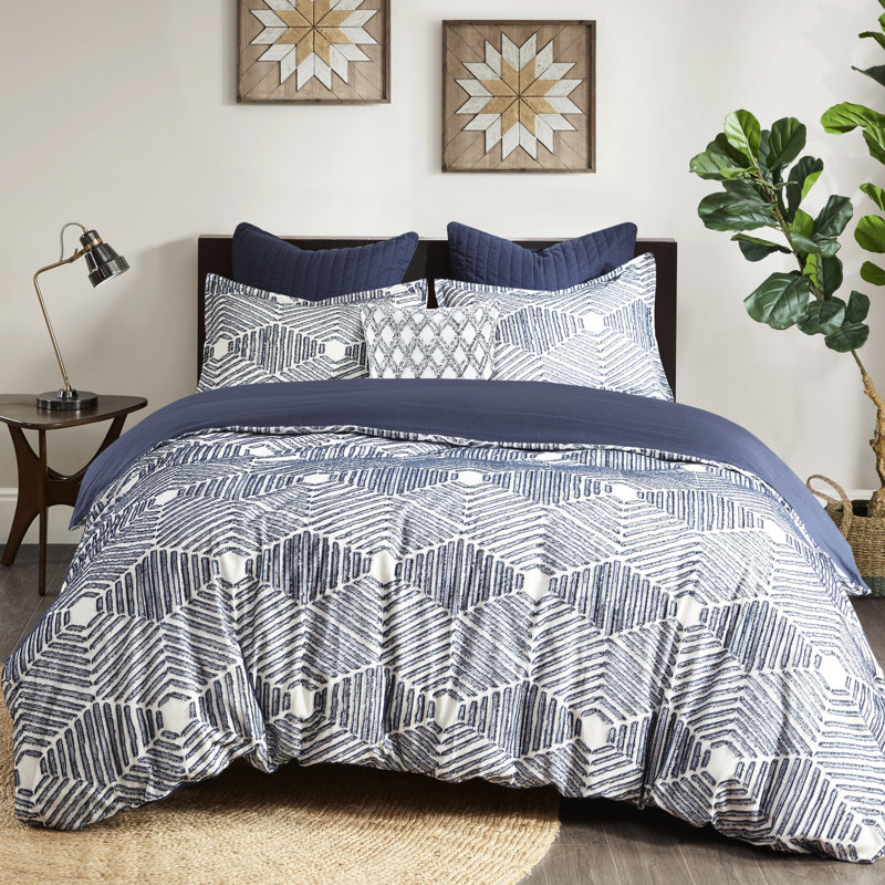Housse de couette en coton à motif géométrique, grand, bleu marine et blanc, motif de literie grand doux et chaud, tissu lavable à la machine