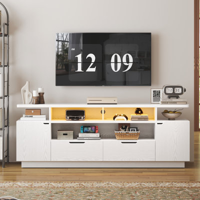Meuble audio-vidéo pour téléviseur de 85 po avec prise de courant et lumières DEL, meuble télé avec armoires et tiroirs de rangement, console télé média moderne pour le salon, blanc