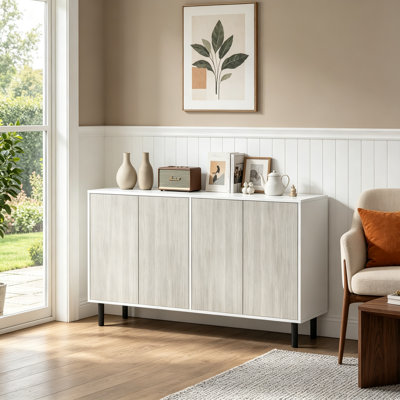 White Wood-Effect Sideboard Buffet Cabinet, 4 Handleless Push-Open Doors Storage Cabinet with Adjustable Shelves & Pine Legs