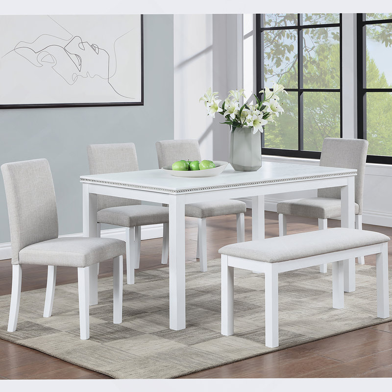 Ensembles de table de salle à manger 6 pièces, Blanc, 6 pièces: table, banc, 4 chaises, Gris