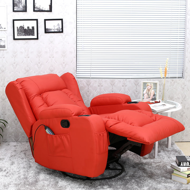 Deneishia Manual Swivel Rocking Wing Back Recliner  Chair with Heat and Massage, Red
