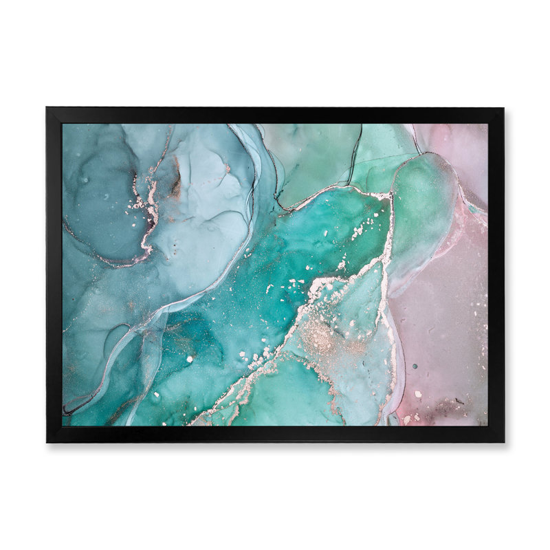 Marbre abstrait turquoise - peinture sur toile, Cadre d'angle fermé noir, H 34 po x l 44 po