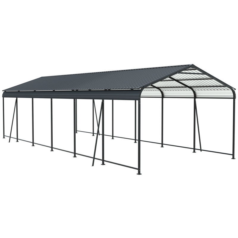 12 X 32 Ft Metal Carport With Galvanized Steel Roof And Frame, 4 Fixed Inclined Square Tube Supports, Ideal For Cars, Trucks, Boats , Spacious Outdoor Storage, Bbq Shelter, Gathering Spot,