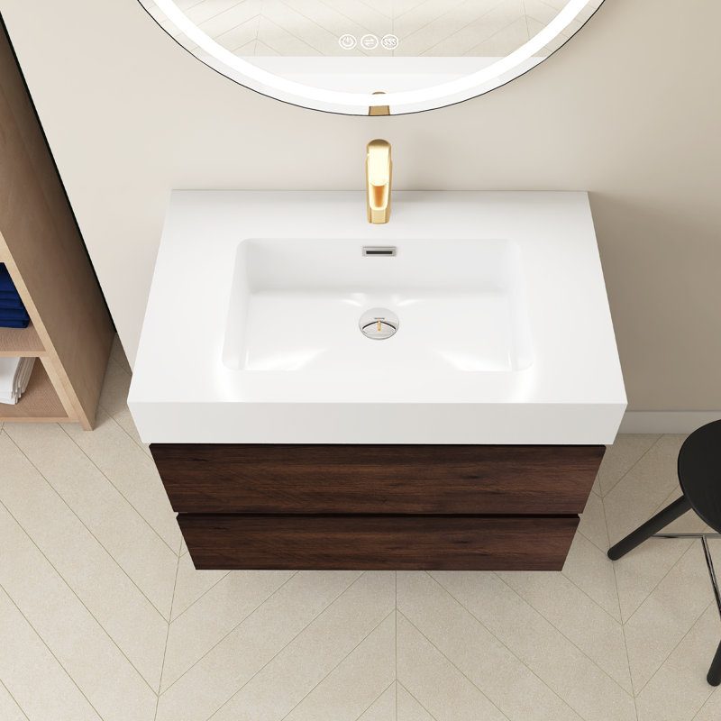 Ensemble de meuble-lavabo simple 30 po avec plateau Louka, Blanc, Noyer