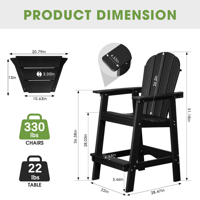 HDPE Tall Adirondack Chair Set with Table, Black