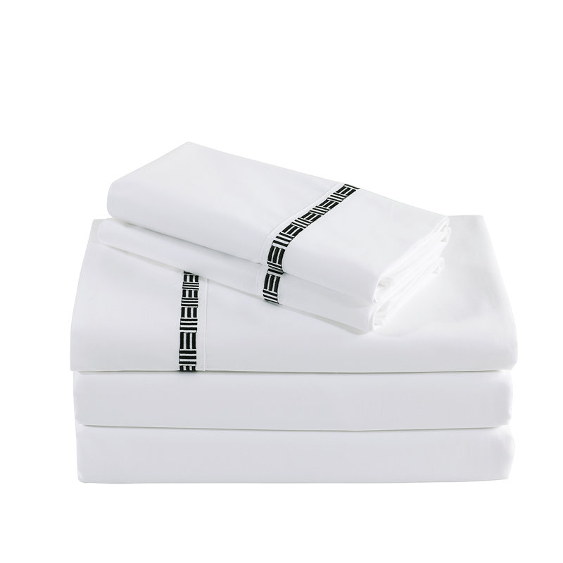 Hotel Grand TENCEL Lyocell And Cotton Blend Embroi Sateen Sheet Set, King, White/Black