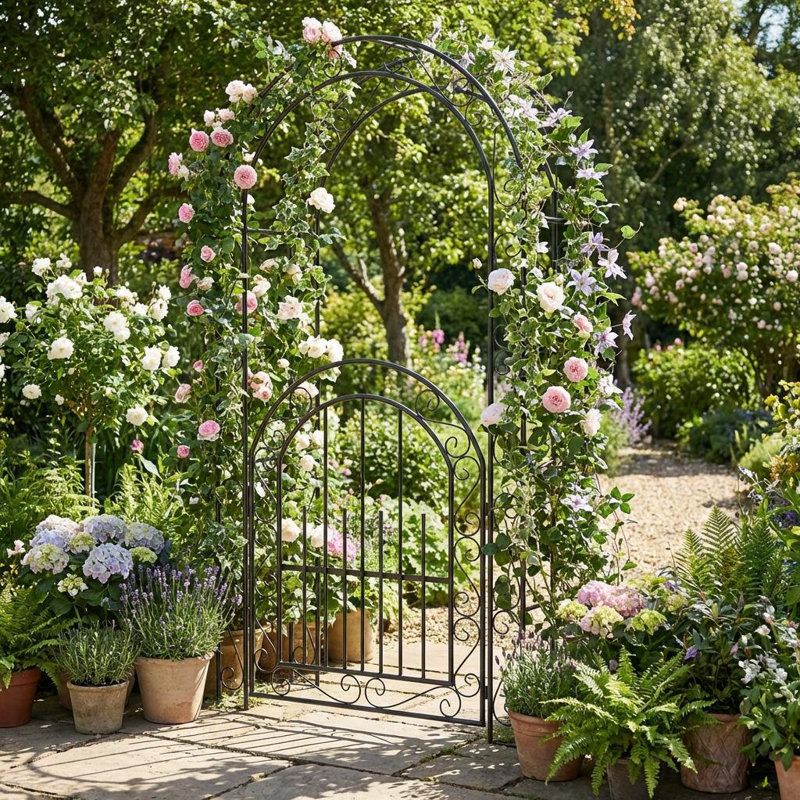 Tonnelle de jardin 84 po x 45 po avec barrière et treillis arqué en métal pour vignes grimpantes