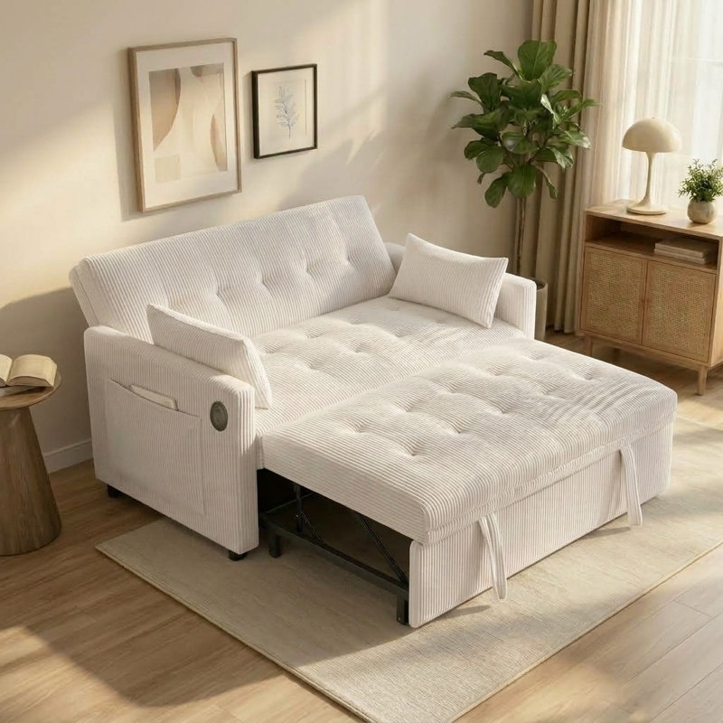 Canapé-lit convertible de 53 pouces avec lit gigogne, dossier réglable et ports de chargement USB, beige