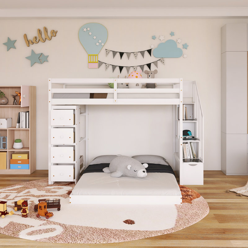 Lit superposé simple au-dessus de double avec cadre en bois avec tablettes à 3 niveaux, tiroirs et escalier de rangement
