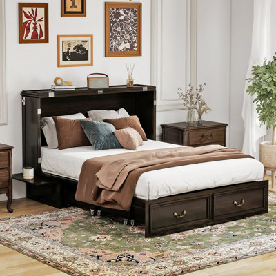 100% Solid Wood Murphy Bed Chest With Drawers, Murphy Bed Full With Built-in Charger For Bedroom
