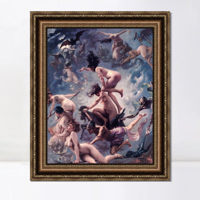 Framed Canvas Art Giclee Print Witches Going to Their Sabbath (The Departure of The Witches) by Luis Ricardo Falero Wall Decorations(Vintage Embossed Gold frame,26"x32")