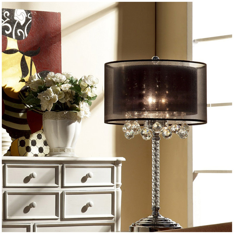Lampe de table haute 30 "Venelle" Moiselle ", accents argent et cristal, abat-jour argenté, Noir