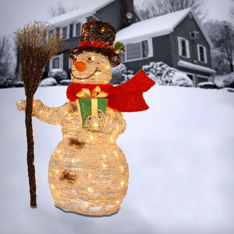 Bonhomme de neige en rotin blanc pré-éclairé, H 35,4 po x l 26 po x P 14 po
