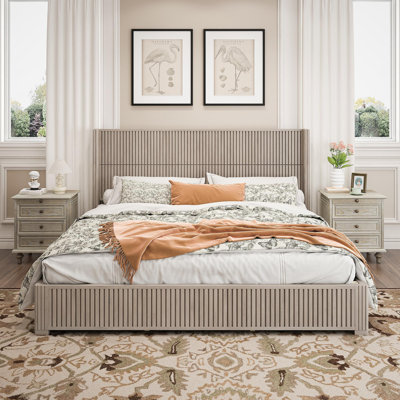 Solid Wood Platform Bed Frame With Headboard, No Box Spring Needed, Floor-Standing Bed, Easy Assembly, King Size,Beige