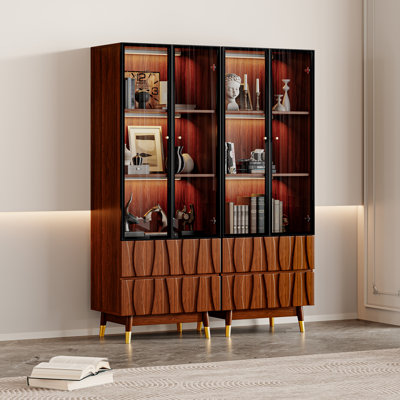 23.6'' Brown Two-piece Set Display China Cabinet 3-tier Liquor Curio Shelf, Mid Century Modern Wooden Bookcase Kitchen Hutch Case With Glass Door And Relief Panel Drawers For Dining Room Living Room Study