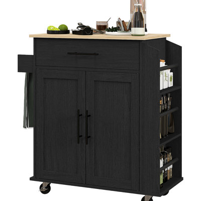 Black Kitchen Island Cart With Ac & , Storage, Microwave Stand, Towel Rack Spice Rolling Outlets Rack,