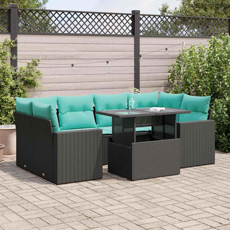  Ensemble de canapé de patio 7 pièces avec coussins en rotin polyacacia, Noir, Vert