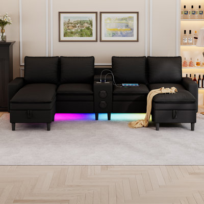 4 Seat Sectional Sofa With Smart Module-bluetooth Speaker/rgb Light/charging Station, 120" Teddy Fleece Fabric Sectional Couches For Living Room
