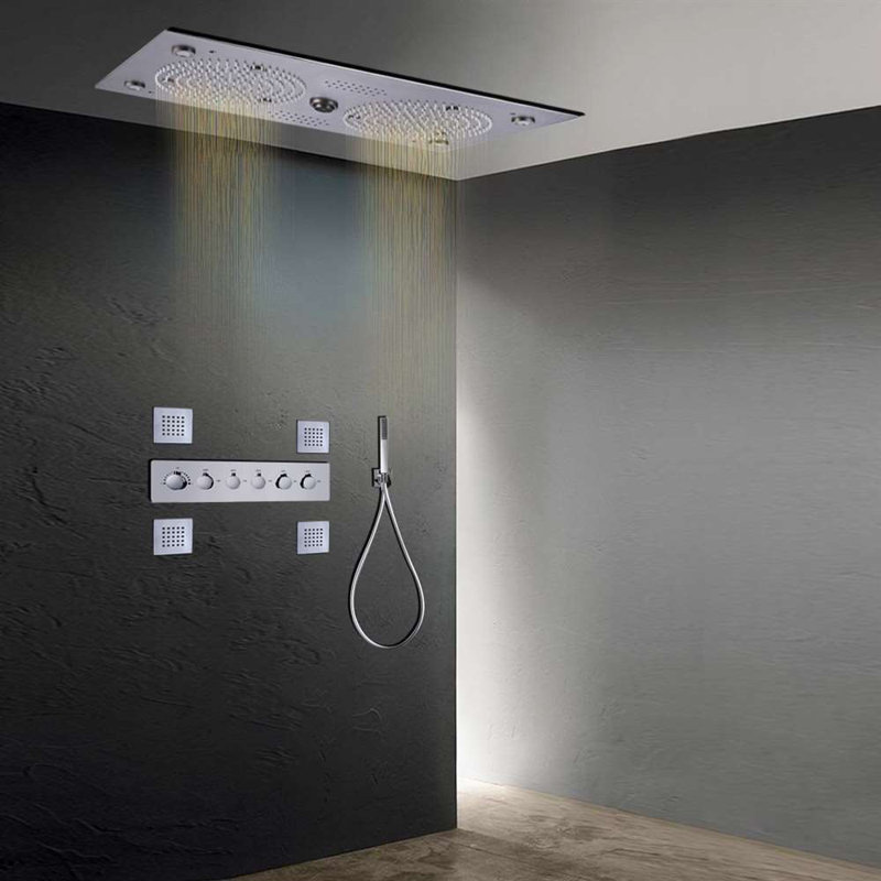 Novara Thermostatic Recessed Ceiling Mount Rainfall LED Shower System, Brushed Nickel, Knob