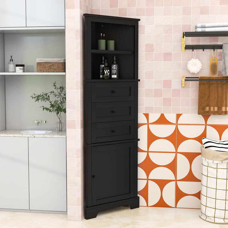 Triangle Bathroom Corner Cabinet with Adjustable Shelves, Triangle Drawers and Enclosed Storage, Black