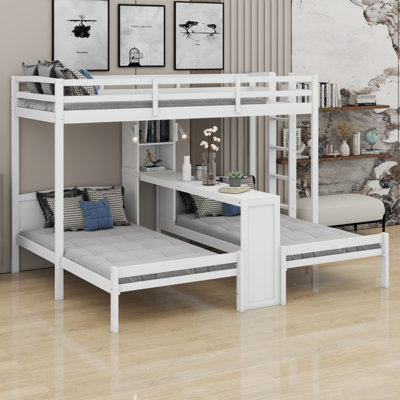 Lit superposé en bois 3 en 1 avec bureau intégré, tablettes de rangement et lampe de lecture
