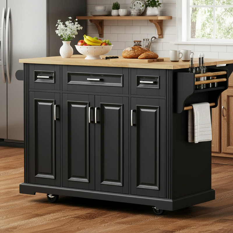 Black Kitchen Island With Rubber Wood Folding Countertop And Embossed Texture. Equipped With 4 Wheels, 4 Doors And 3 Drawers, With Ample Storage Space, Suitable For Kitchens And Dining Rooms.