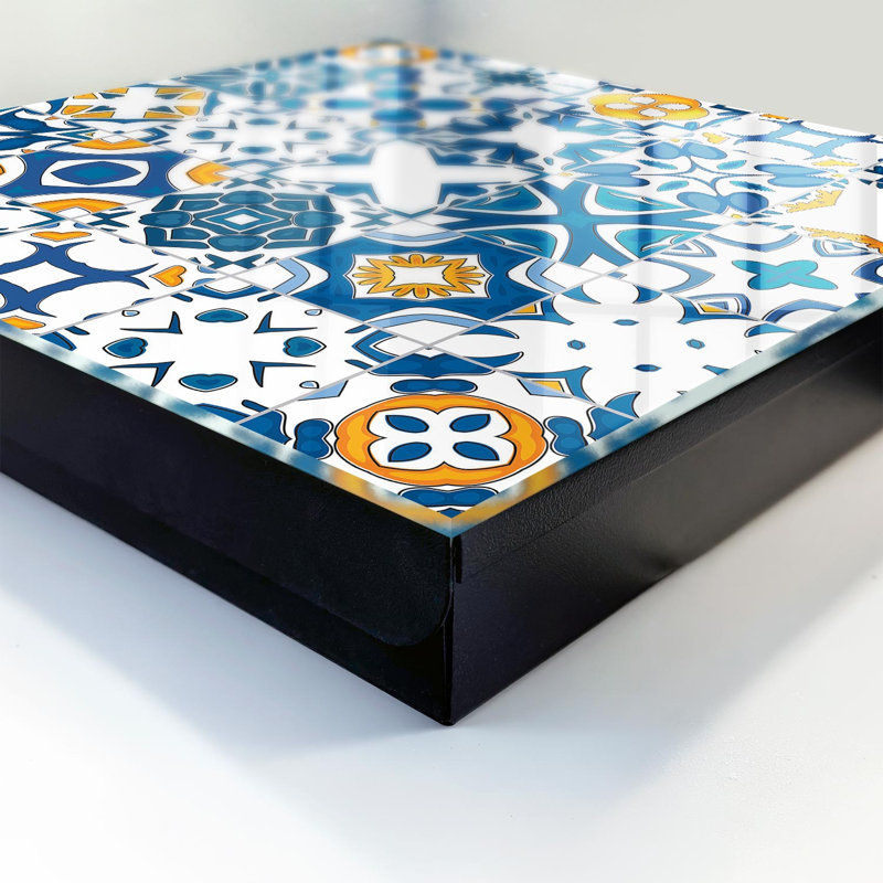 Key storage box, Opens to the right, 30x30x5, White, Geometric patterns with blue and yellow contrast, 