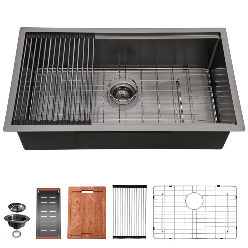 Gunmetal Black Workstation Sink, 28X18x10, 16 Gauge Stainless, Strong And , Silent Operation, With Installation Instruction, Colander Soundproof Pad Undermount 28X18x10 Inch, 16G Versatility, Clean