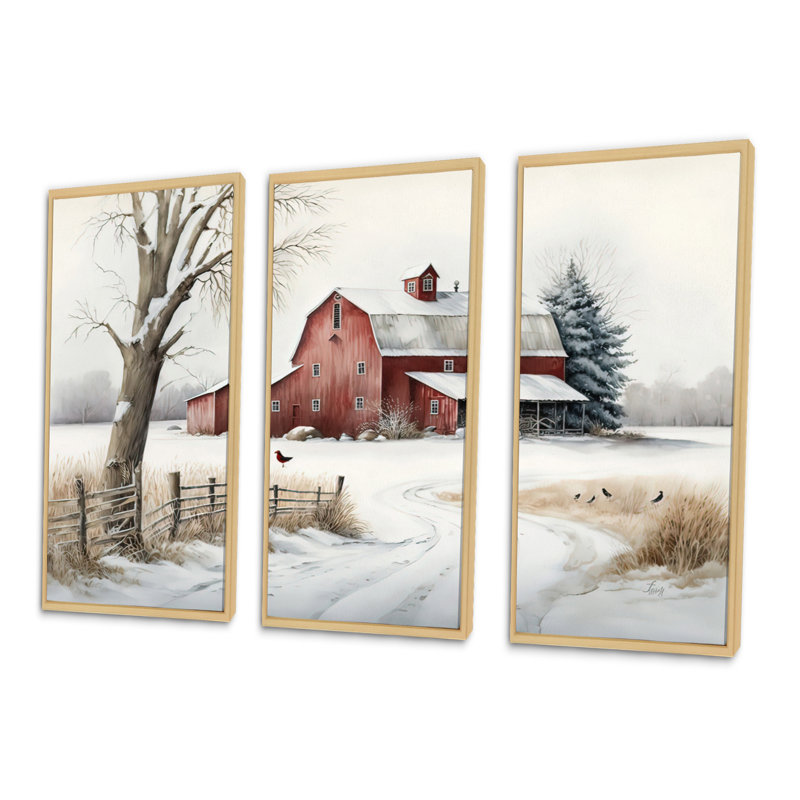 Calm Red Barn In Winter III - 3 pièces sur toile, H 32 po x l 48 po, Cadre flottant en érable