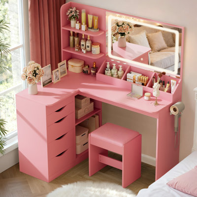Bureau de coiffeuse avec miroir et lumières, prises de courant intégrées, tiroirs de rangement et tablettes ouvertes, miroir à DEL avec 3 modes de couleur, tabouret rembourré inclus
