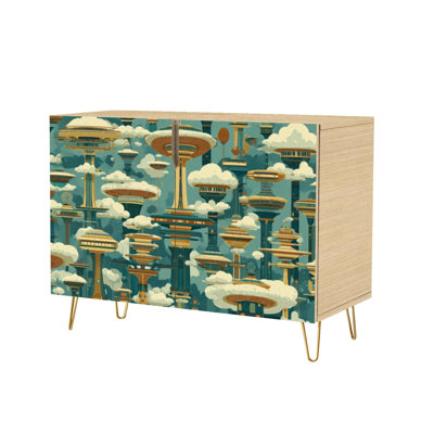 Sideboard Buffet Cabinet with Storage Mid century geometric cityscape print art with 2 Doors for Living Room and Kitchen