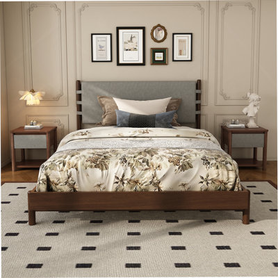 Modern Queen Bed Frame Set With 2 Nightstands, Light Gray Wood Platform Bed With Headboard And Matching Bedside Tables For Bedroom