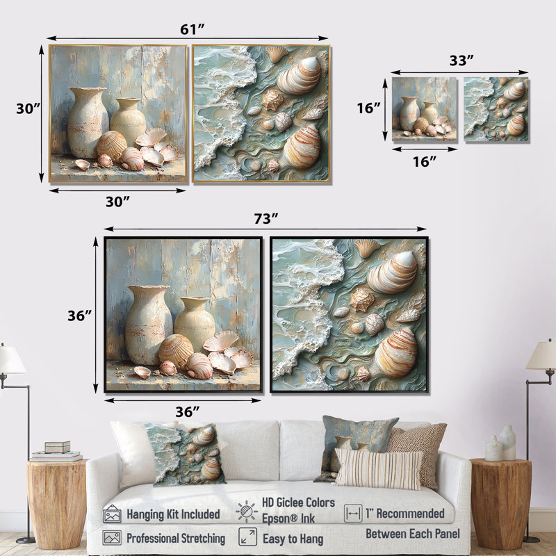 Minimalisme plage poterie trésors I - décoration murale de poterie de plage - art mural nautique 2 pièces, Toile tendue