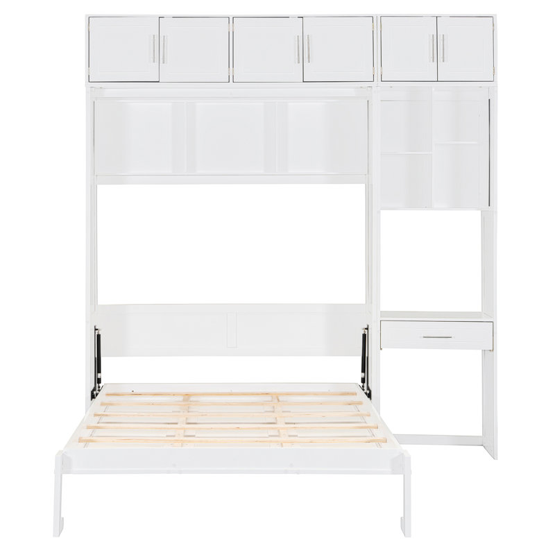 Lit escamotable mural avec bureau, armoire supérieure et tablettes de rangement, lit pliable peu encombrant, Blanc, Grand