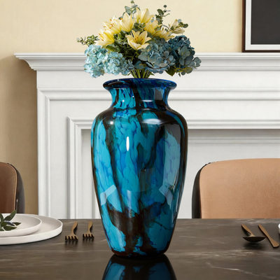 Hand-blown peacock blue feather textured coloured glass table Fashionable vase with glazed glass textured wide-mouth decorative floor Modern vase