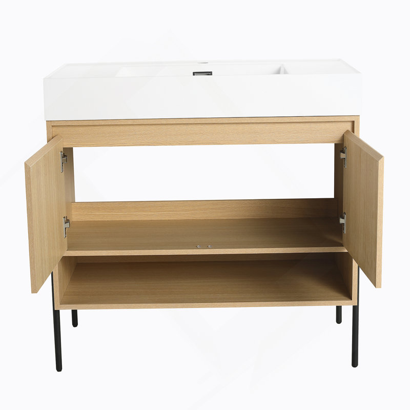 Ensemble de meuble-lavabo 36 po avec lavabo simple en résine, ensemble d'armoires de rangement modernes 2 portes, bois massif multicouche, chêne