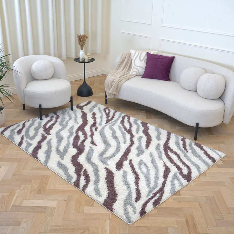 Moodi Modern Shaggy Area Rug Abstract Brushstroke Line Design, Rectangle 200 x 290 cm, Off-White Grey/Purple