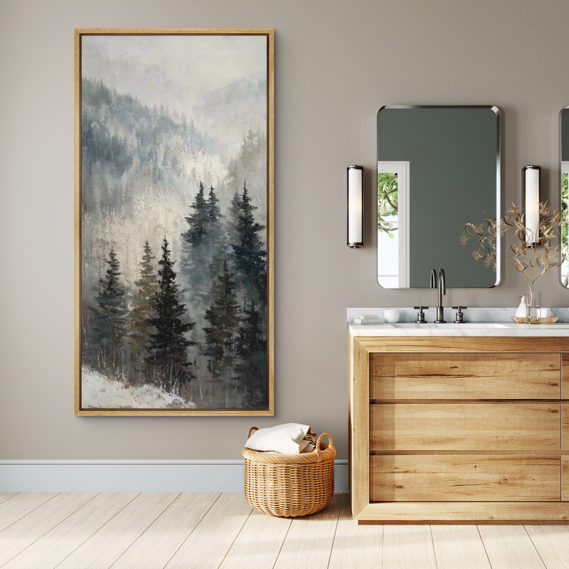 «Misty Pine Forest in Mountain Fog Winter Landscape», impression sur toile encadrée pour chambre principale, Naturel