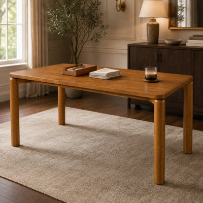 70.28" Rubber Wood Dining Table, Walnut Finish Rectangular Kitchen Table with Round Thick Legs, Solid Wood Dinner Table for Dining Room, Kitchen & Res