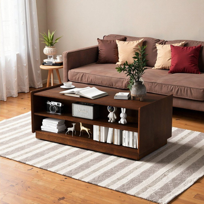Table basse moderne moderne avec 4 tiroirs et 2 tablettes de présentation, en bois cannelé de 47,2 po et en verre trempé pour le salon