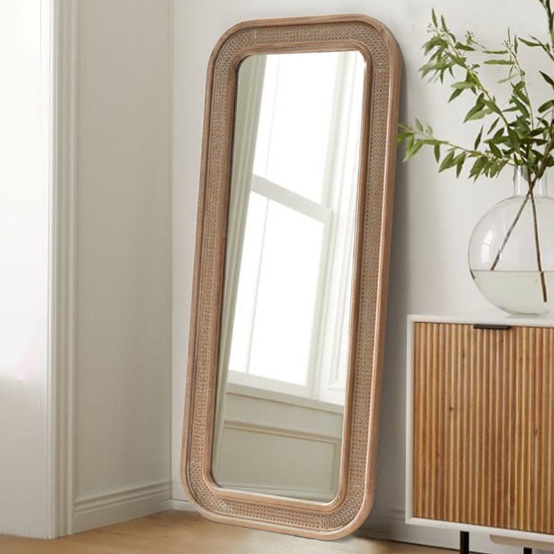 Miroir pleine longueur rectangulaire en rotin + en bois massif + en bois manufacturé