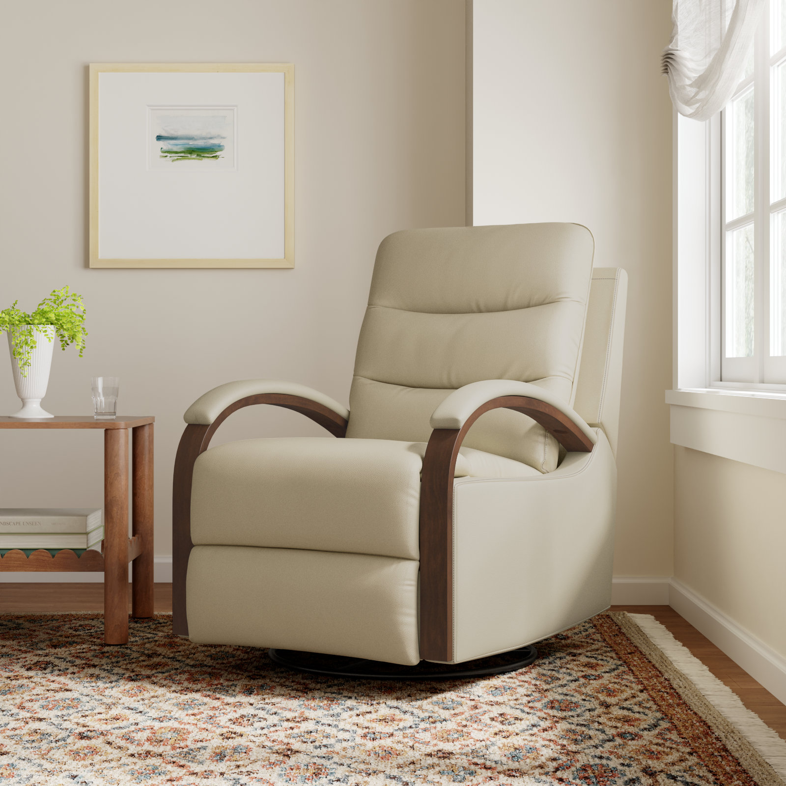 Azilda 29" Genuine Leather Manual Swivel Recliner, Beige Genuine Leather